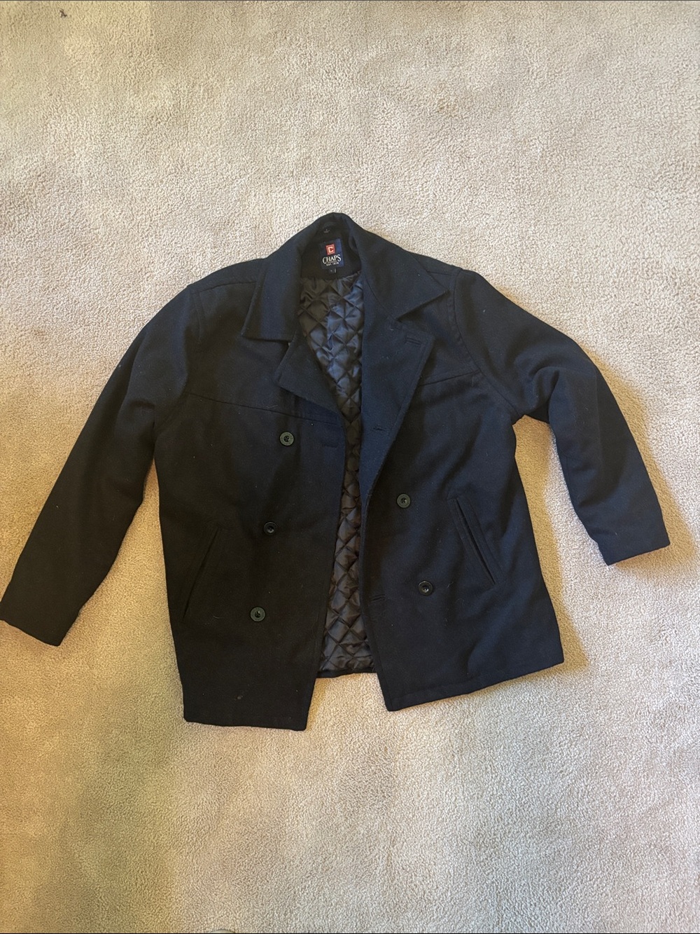Chaps Black Quilted-Lined Double-Breasted Peacoat